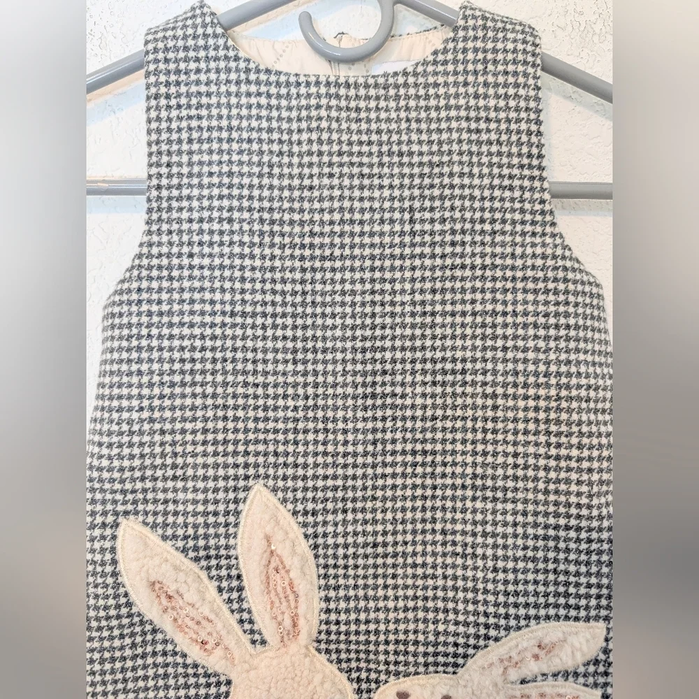 Lola And The Boys Grey Knit Sleeveless A-Line Kissing Bunnies Gingham Dress 2-3Y